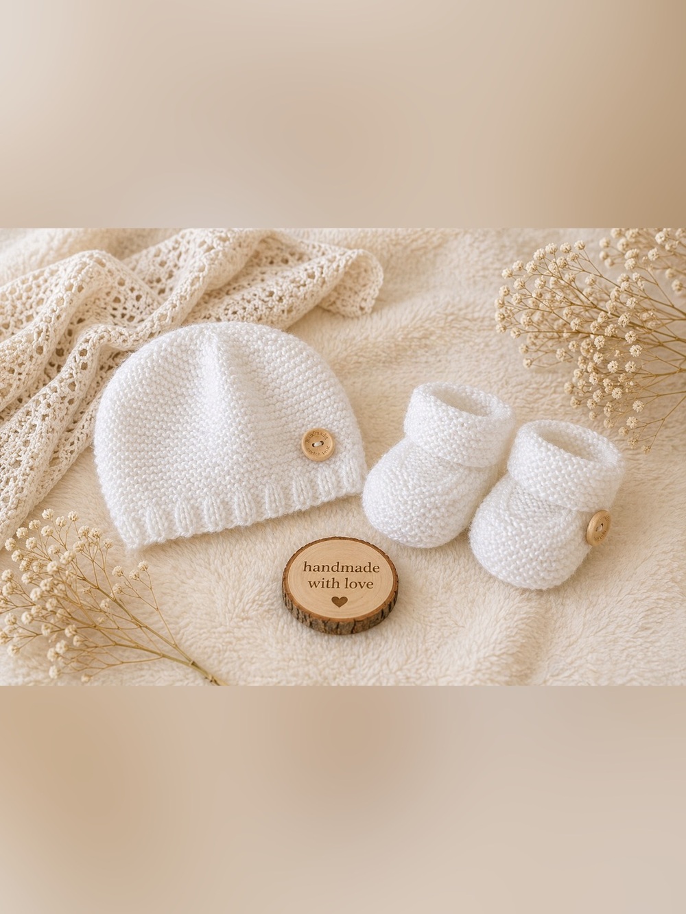 Handmade White Baby Knit Hat and Booties Set